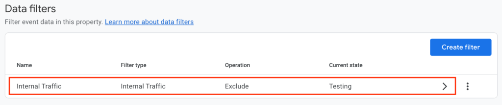 pre-existing filter Internal Traffic set to testing